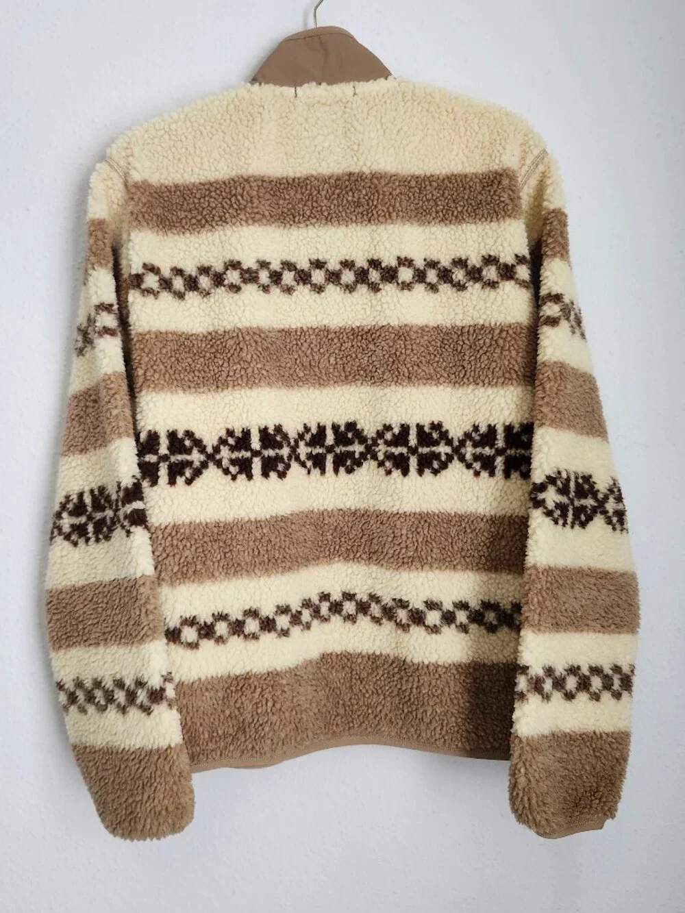 J.CREW Nordic Fair-Isle Sherpa Fleece Full-Zip Brown/Cream Striped Jacket M
